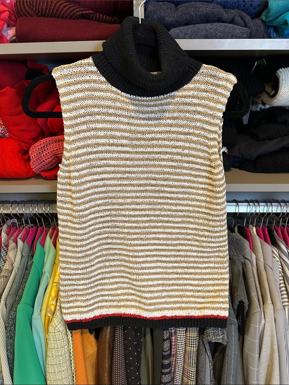 Marisa Christina black/white/tan stripe sleeveless turtleneck sweater size S NWT